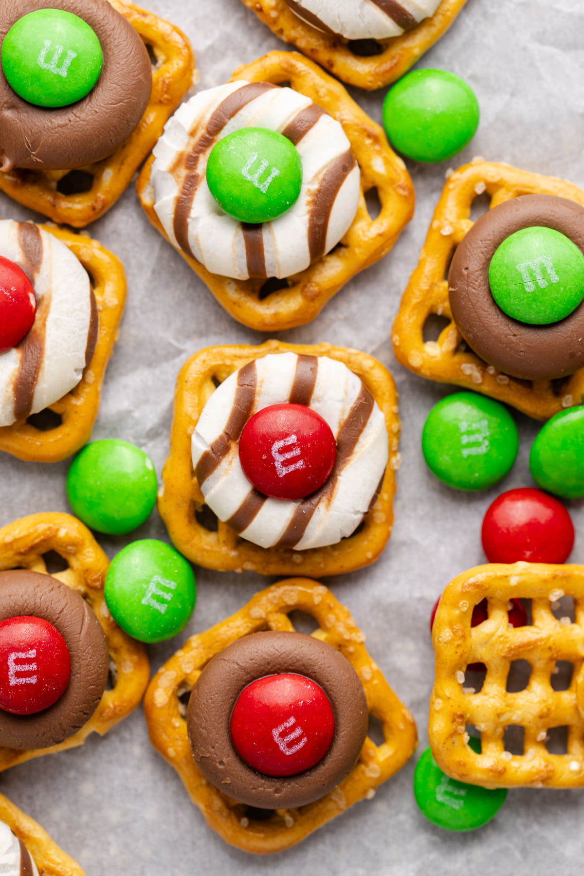 Hersheys and M&Ms melted on pretzels.