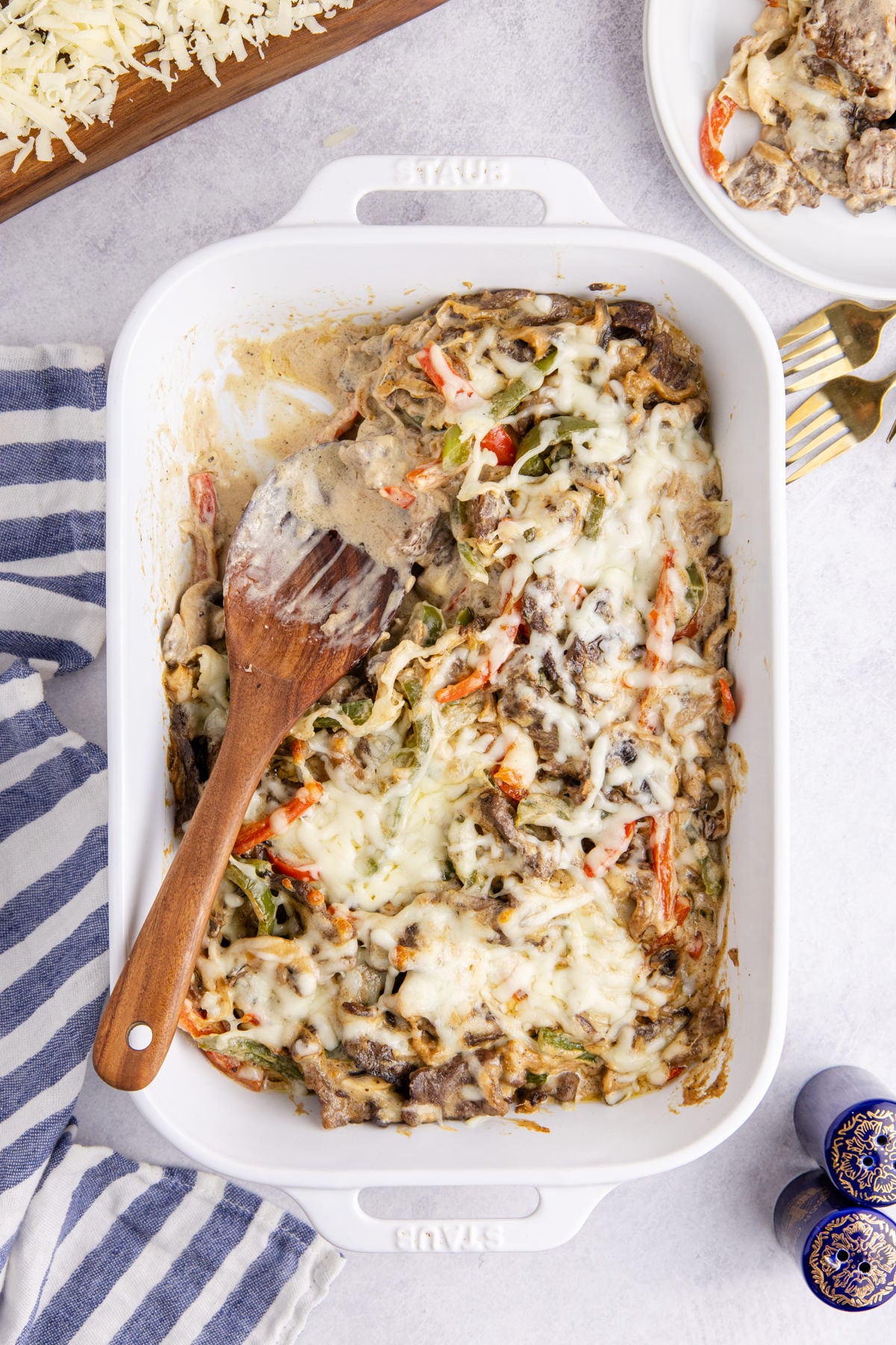 Philly cheesesteak casserole in a baking dish.