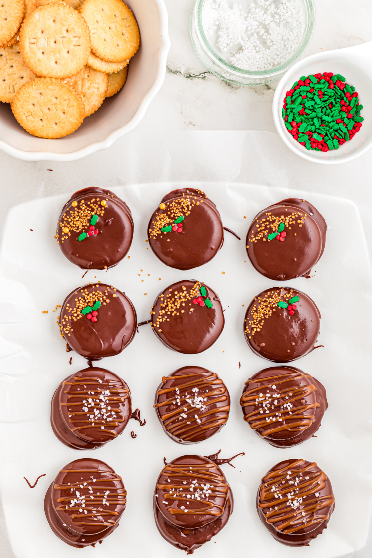 Baked and dipped chocolate cookies.