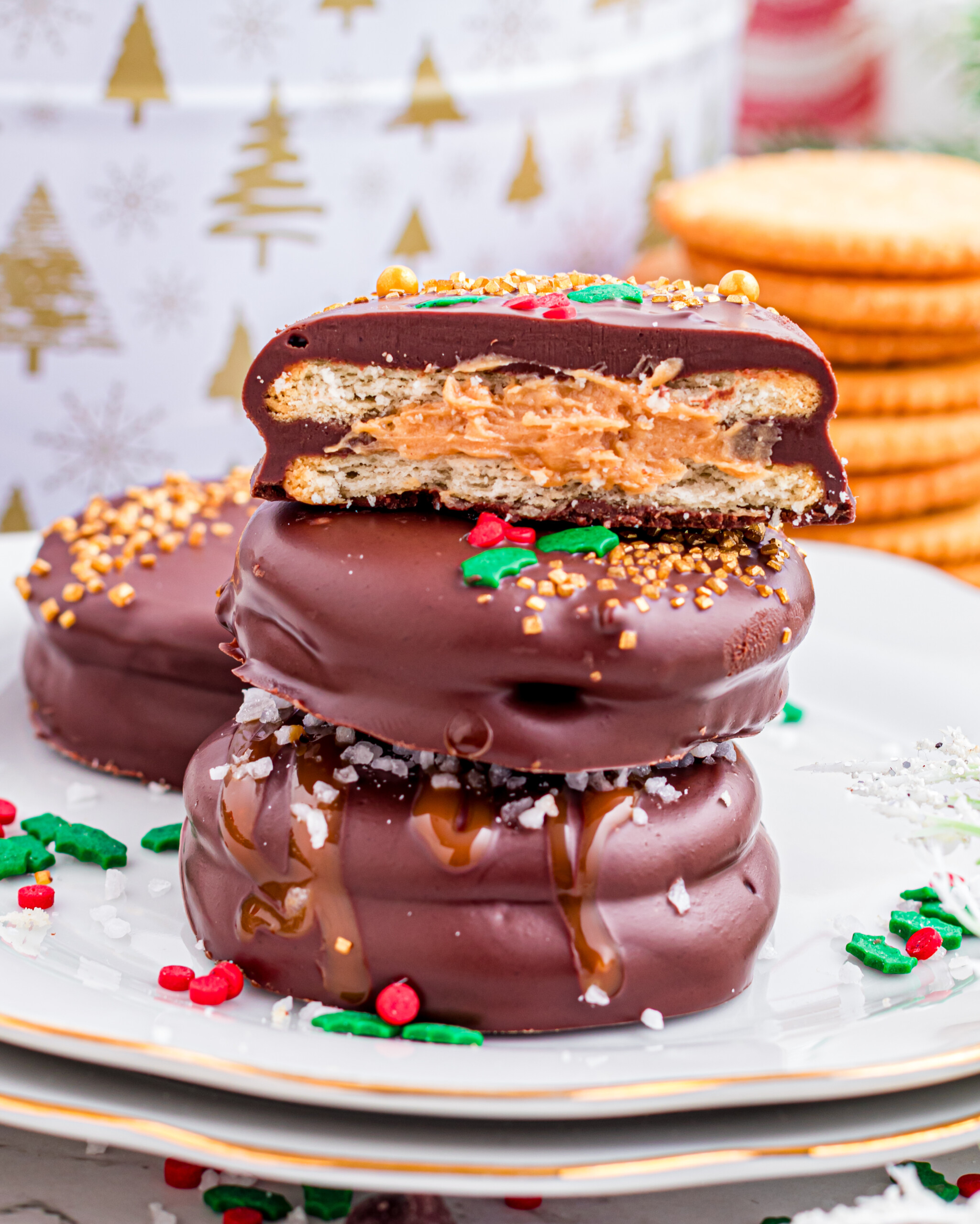 Chocolate covered cookies stacked on a plate.