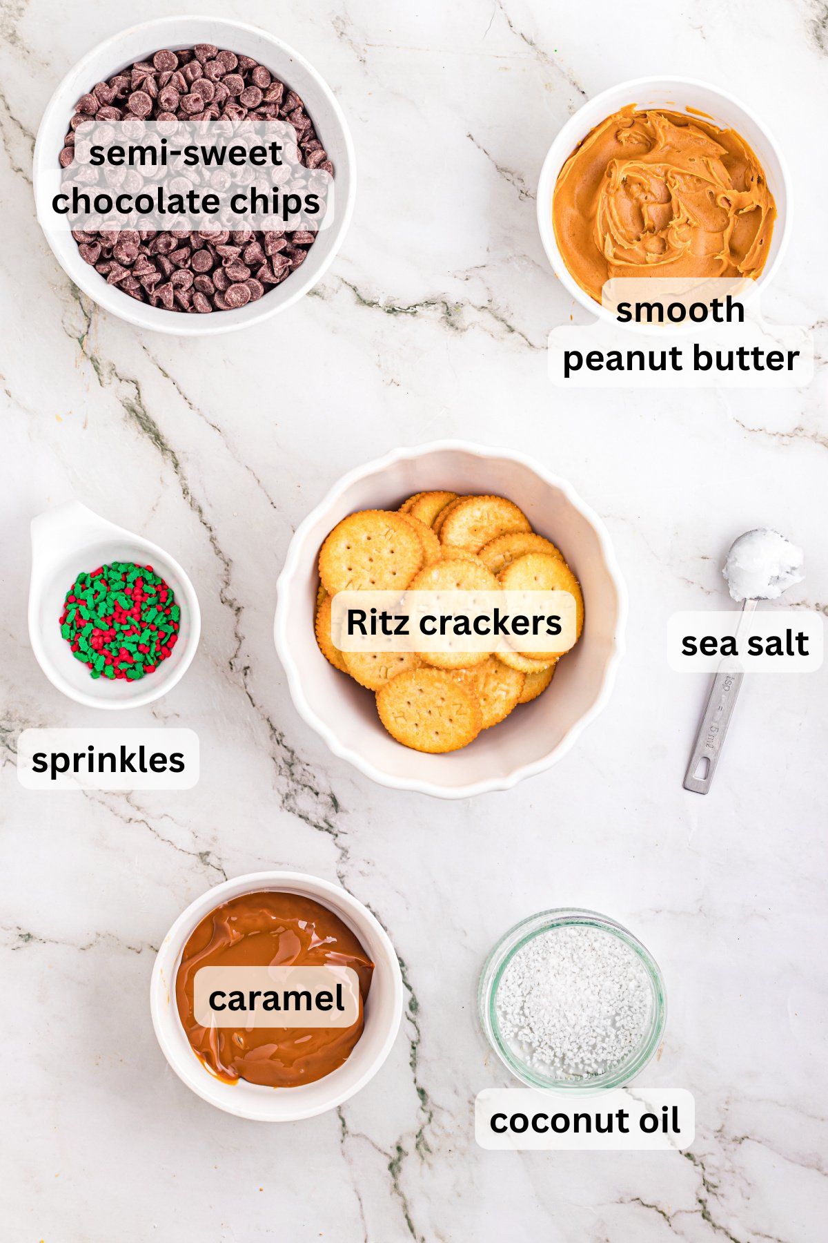 Ingredients to make these Ritz cracker cookies in bowls.