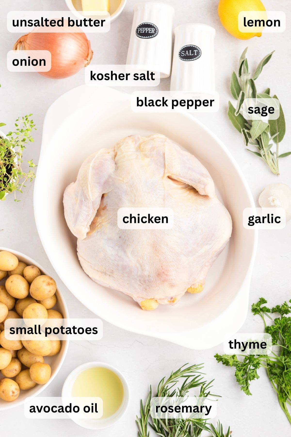 Ingredients to make this whole chicken on a table.