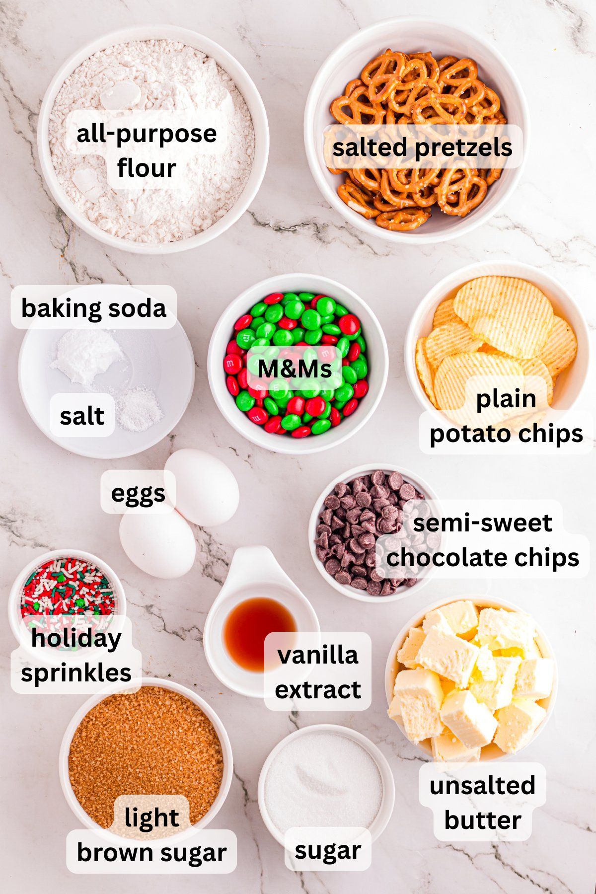 Ingredients to make these cookies in bowls on a table.
