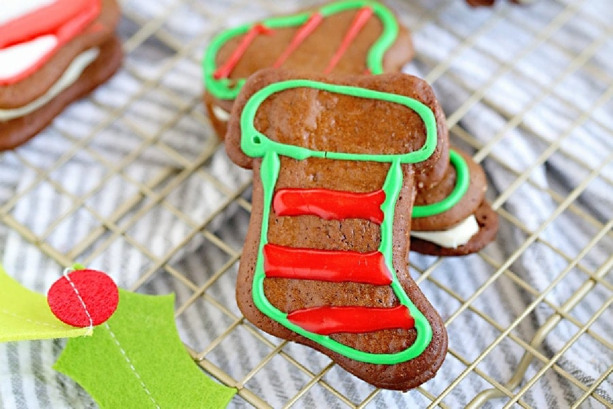 A Christmas stocking shaped stuffed gingerbread cookie