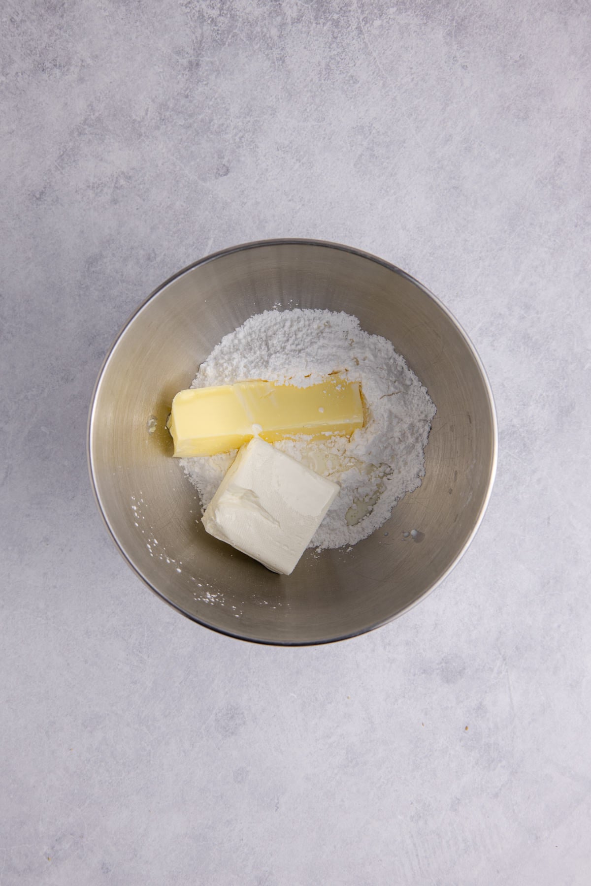 Cream cheese mixture combined  in a stand mixer.