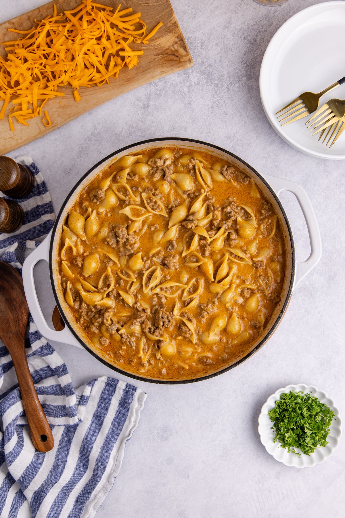 Taco hamburger helper cooking in the pot.