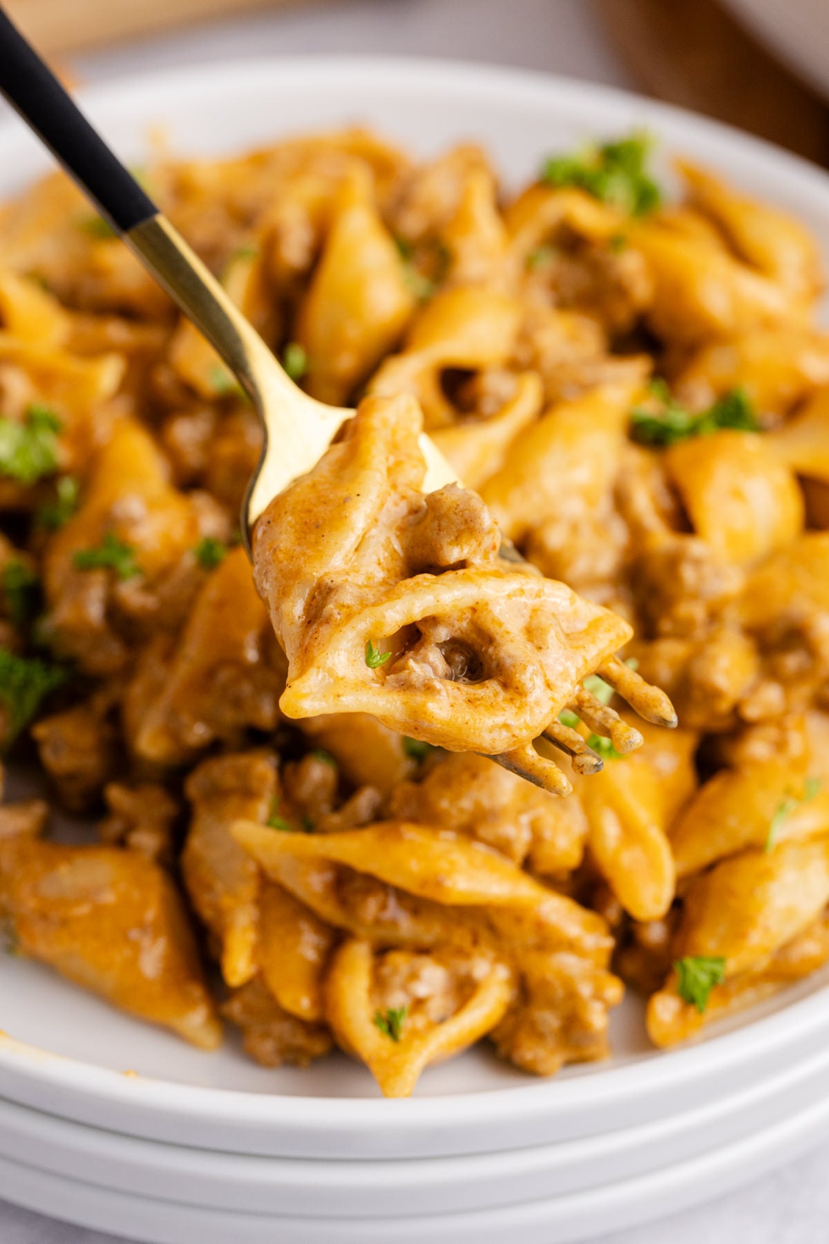 Some pasta, beef and cheese on a fork.