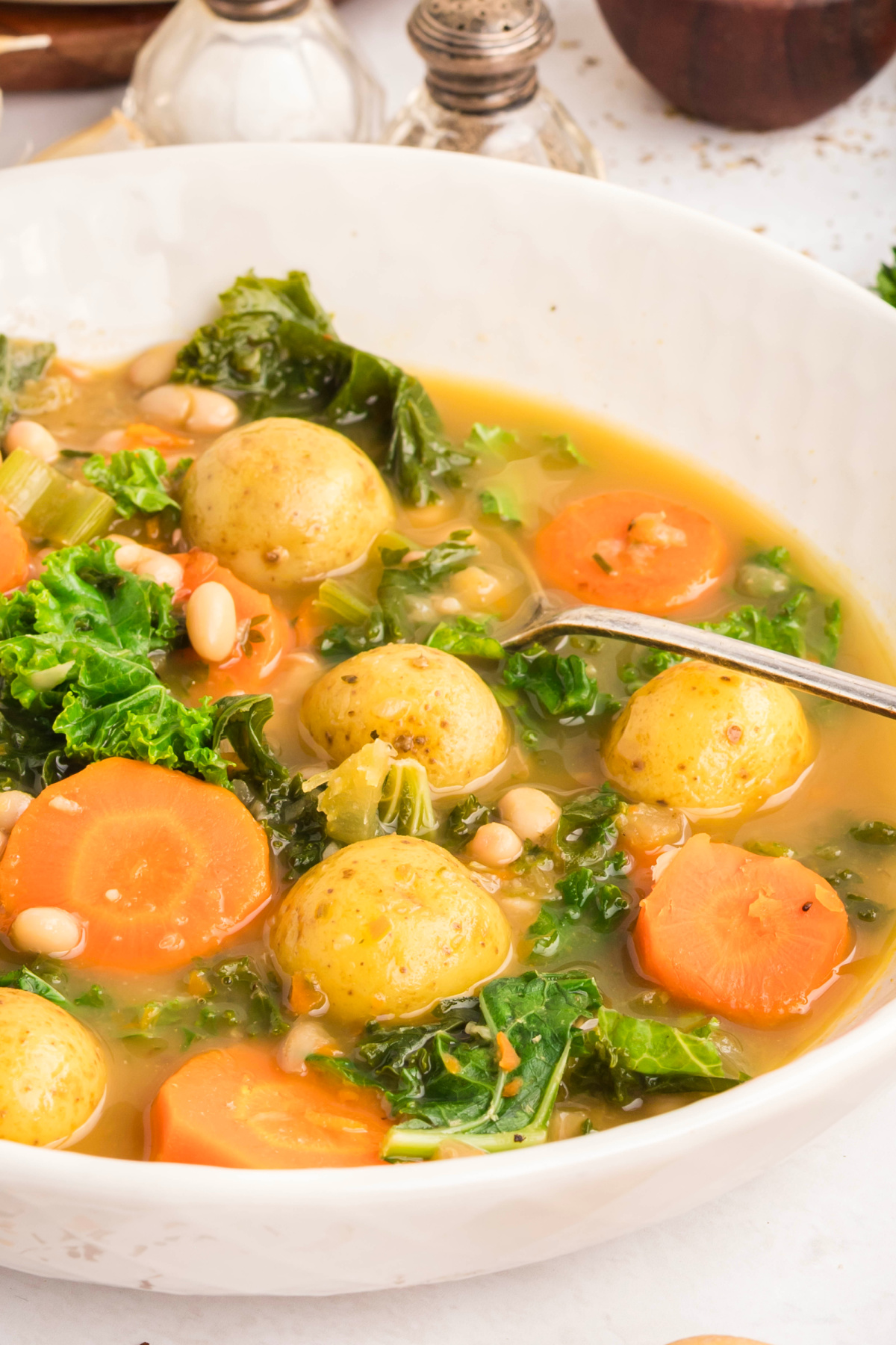 A bowl of soup with carrots, potatoes, kale and beans.