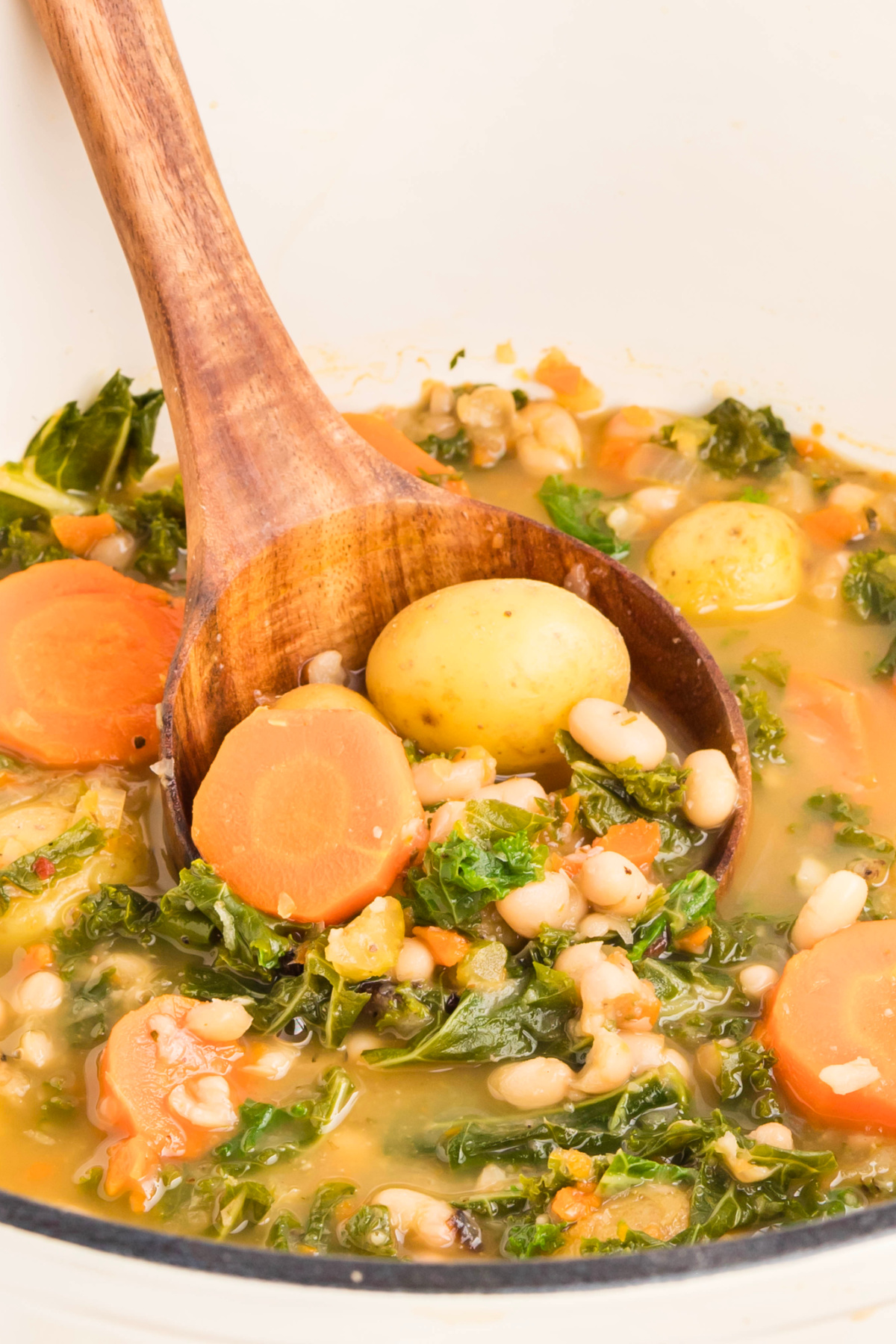 Potatoes, carrots, kale and beans in a ladle.