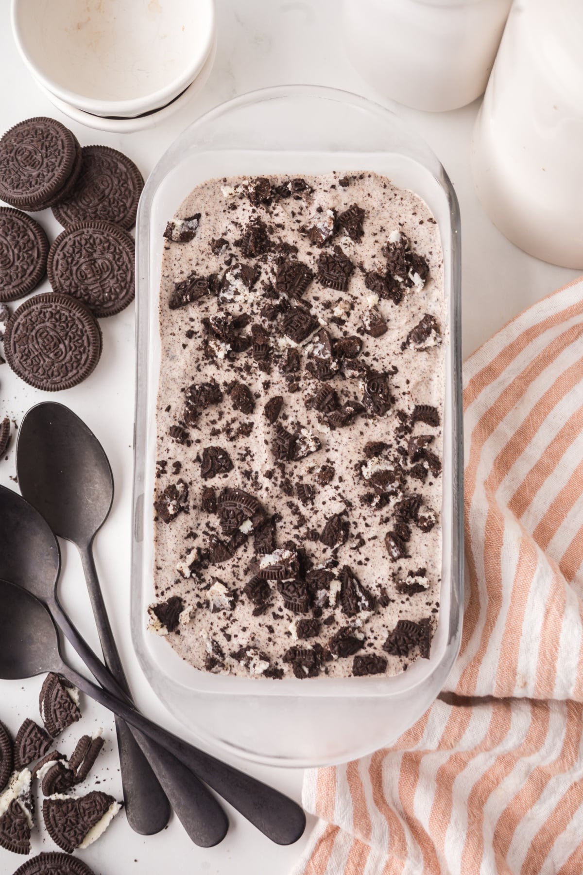 A loaf pan full of Oreo ice cream.