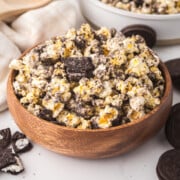A bowl full of Oreo Popcorn on a counter.