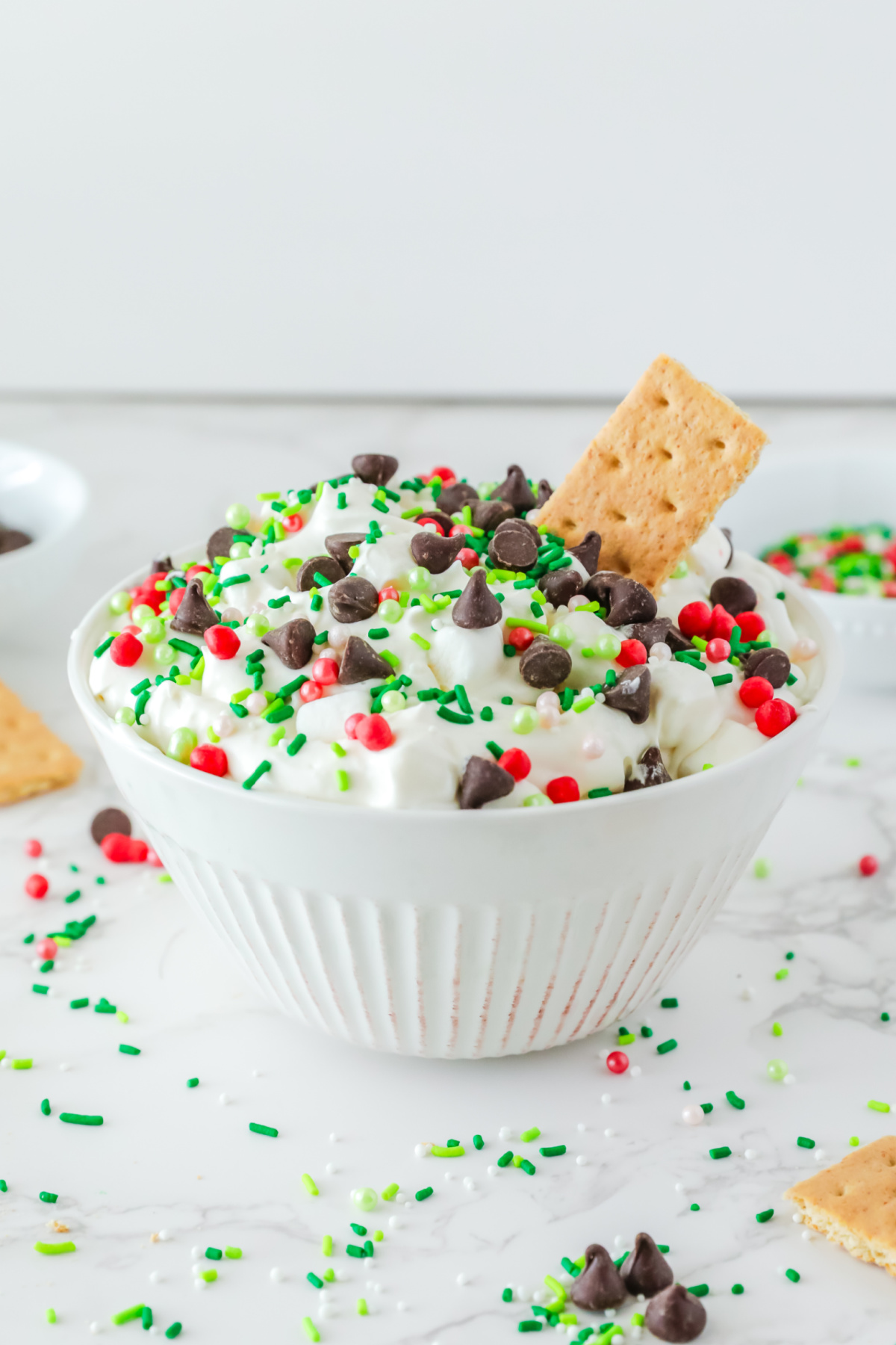 Chocolate chips and sprinkles added on top of the fluff.