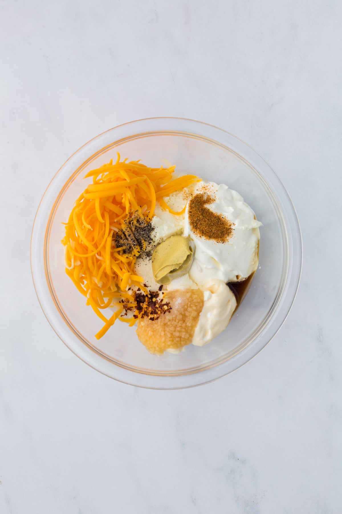 All the ingredients except the crabmeat in a bowl.