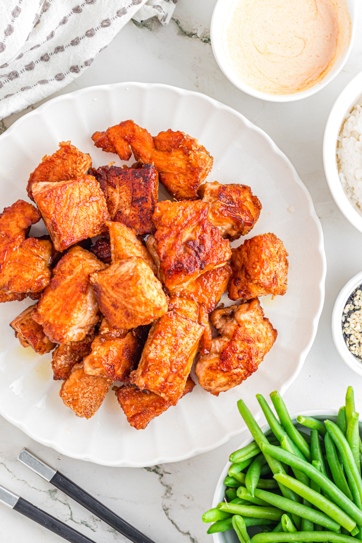 A plate full on crispy salmon bites.