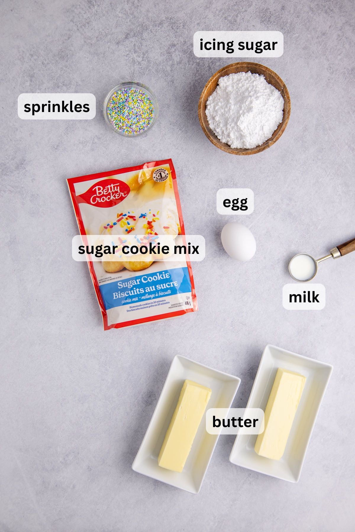 Ingredients to make these sugar cookie cups on a table.