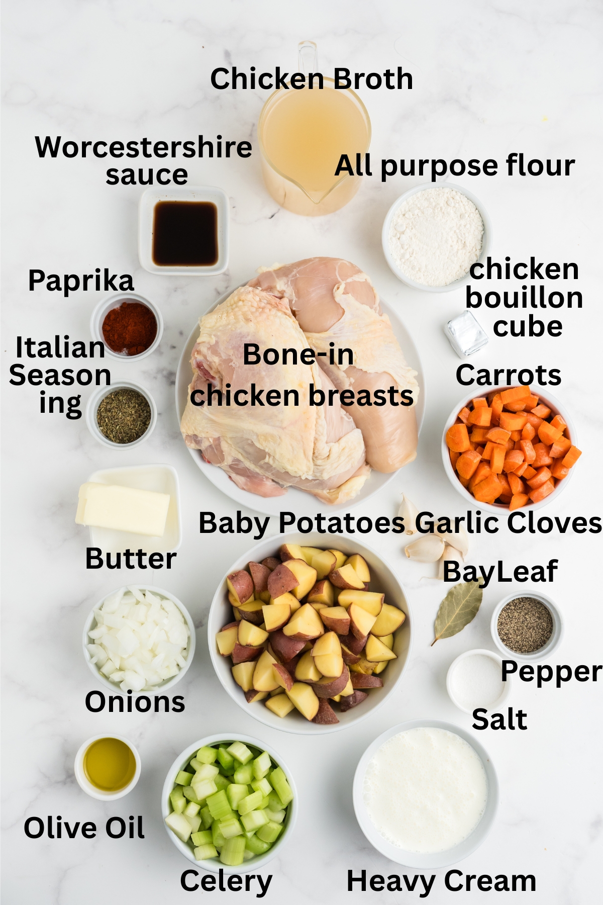 Ingredients to make this chicken stew on a table.