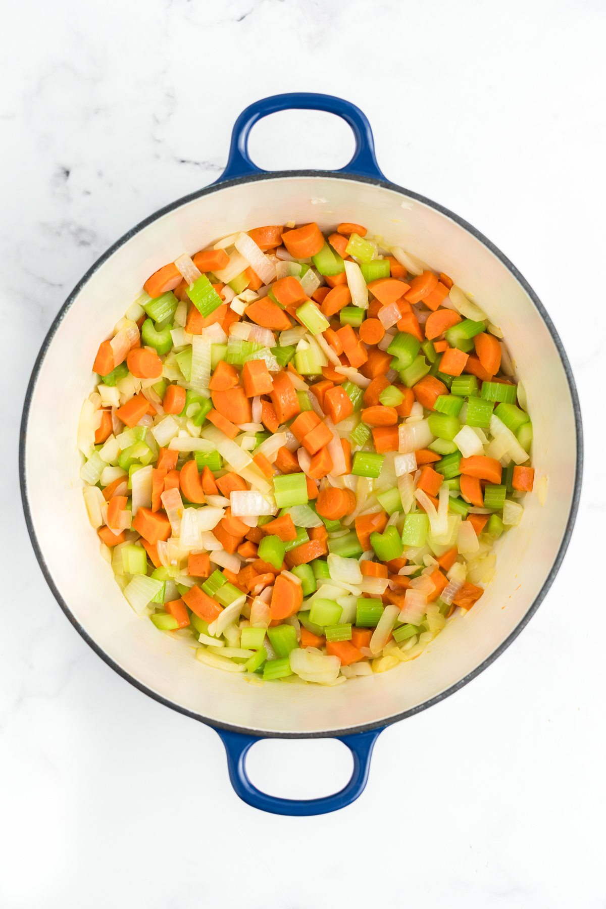 The mirepoix in a large pot.