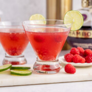 Raspberry martini in a cocktail glass.
