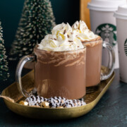 Peppermint hot chocolate in glass mugs.