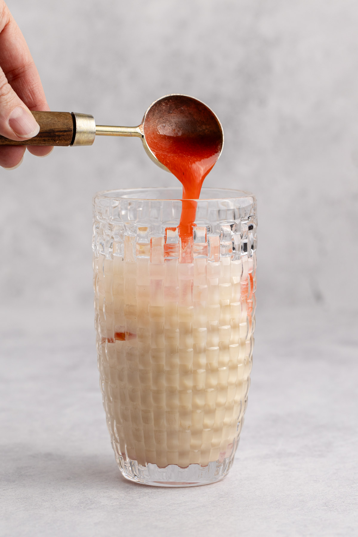 The puree, ice, Bailey's, vodka added to a cocktail shaker.