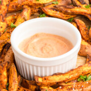 Sweet potato fries dipping sauce in a ramekin.