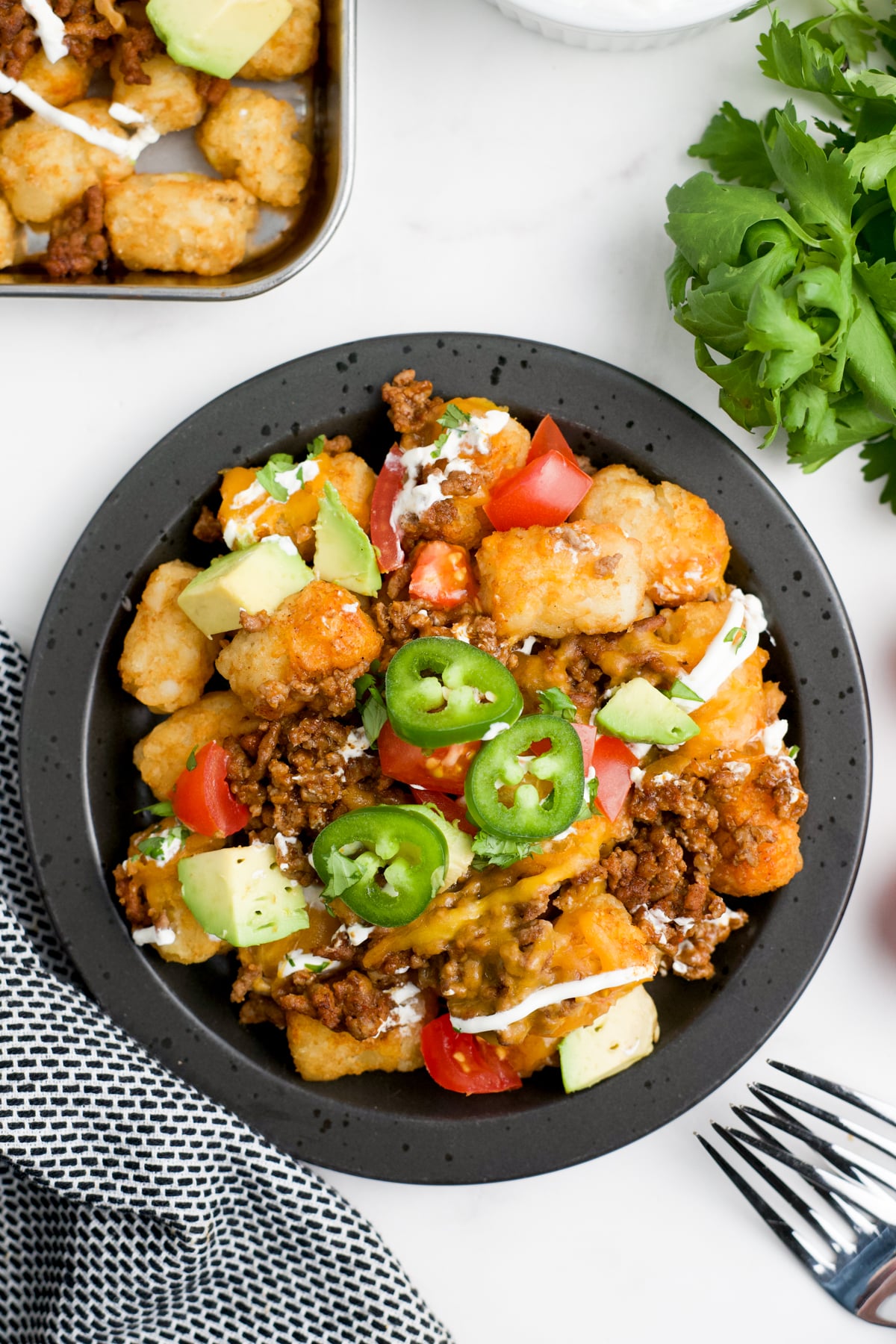 A bowl filled with tater tots, ground beef, cheese, and toppings.