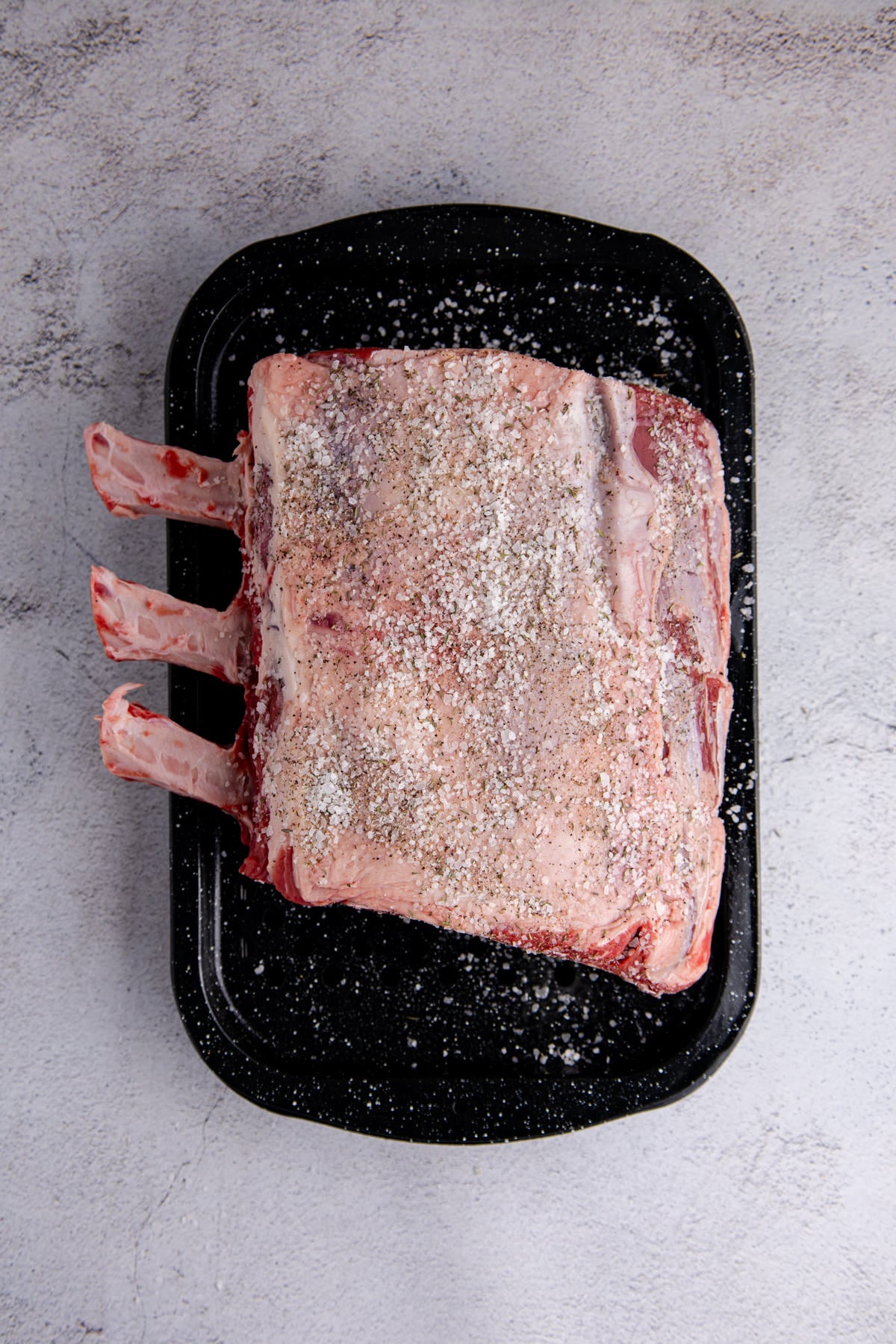 Prime rib roast with the rub all over on a roasting pan.