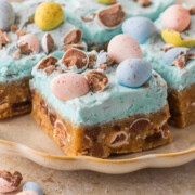 Cadbury egg cookie bars on a plate.