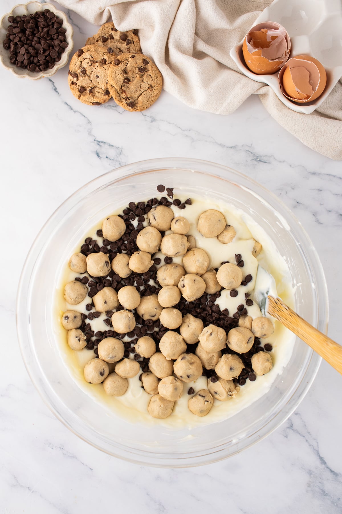 Cookie dough chunks and the chocolate chips added to the cheesecake filling.