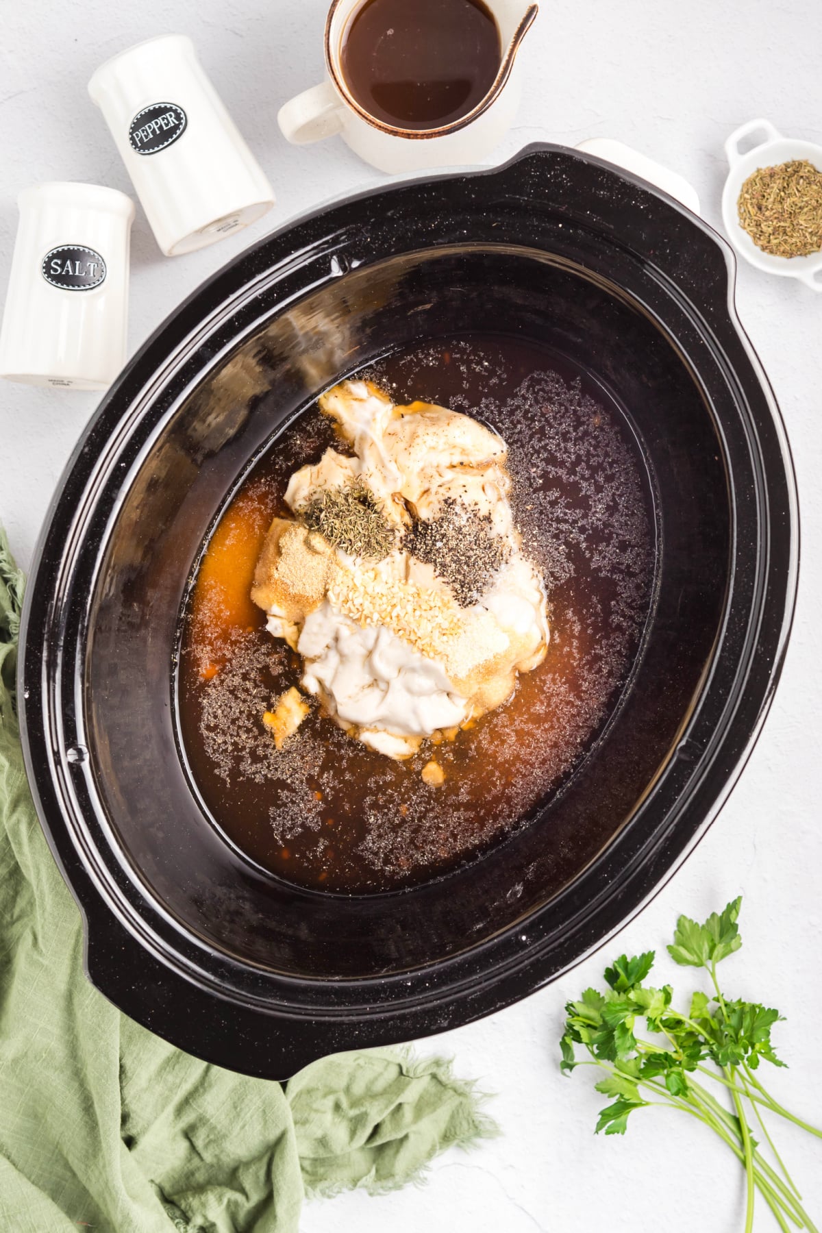 All the ingredients for the base of the sauce in a crockpot.