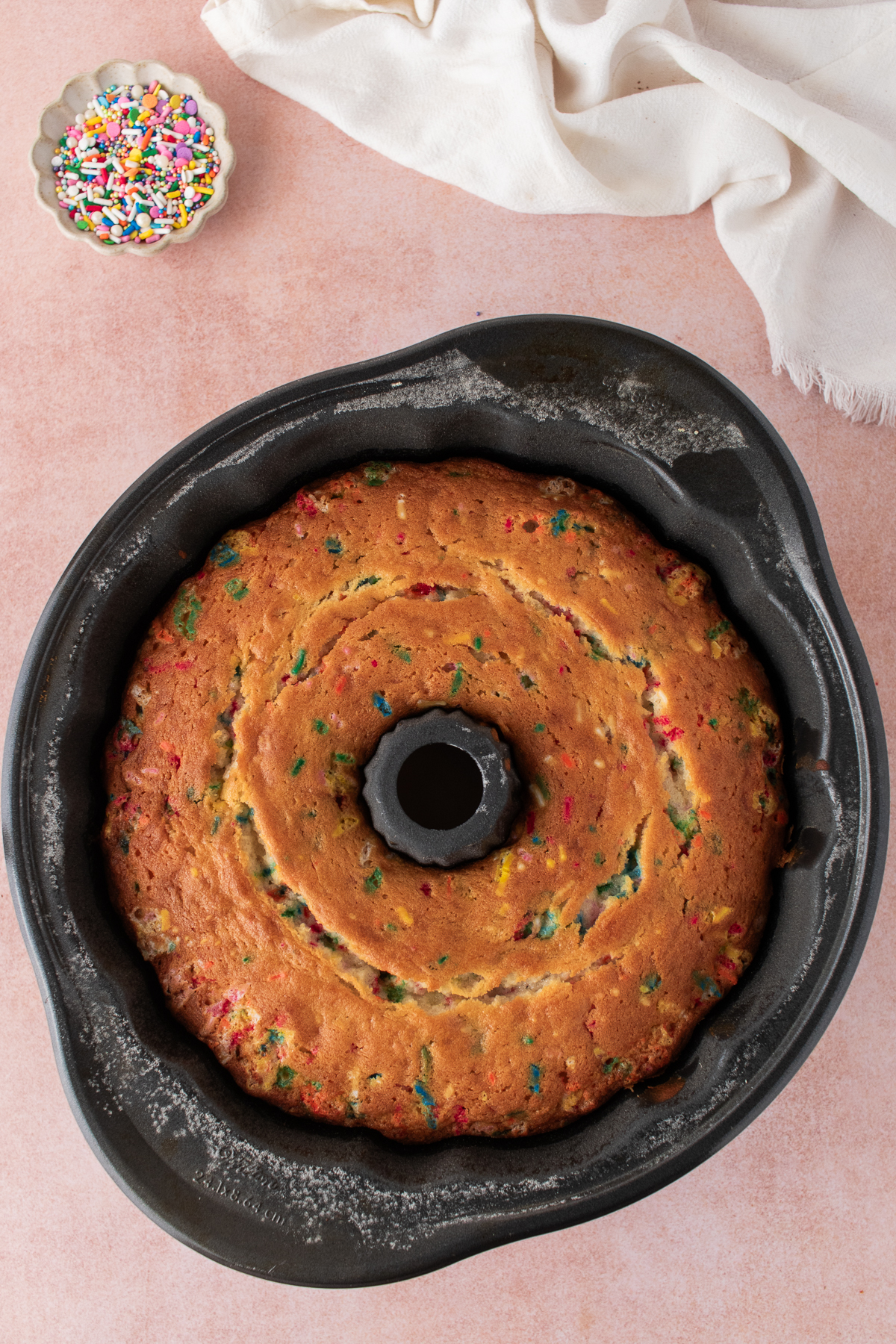 The bundt cake baked in the oven.