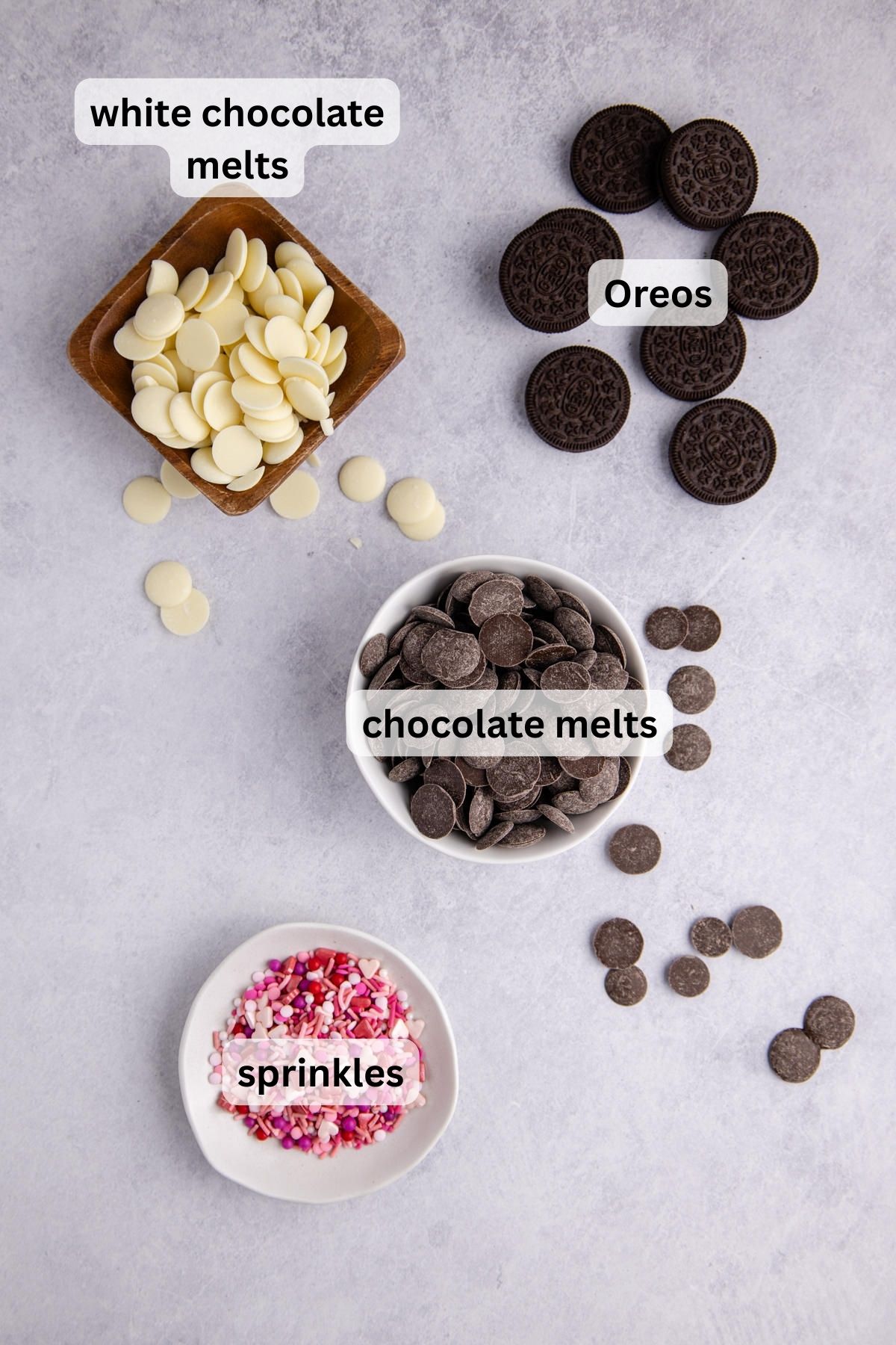 Ingredients for making Oreo Bark in bowls.