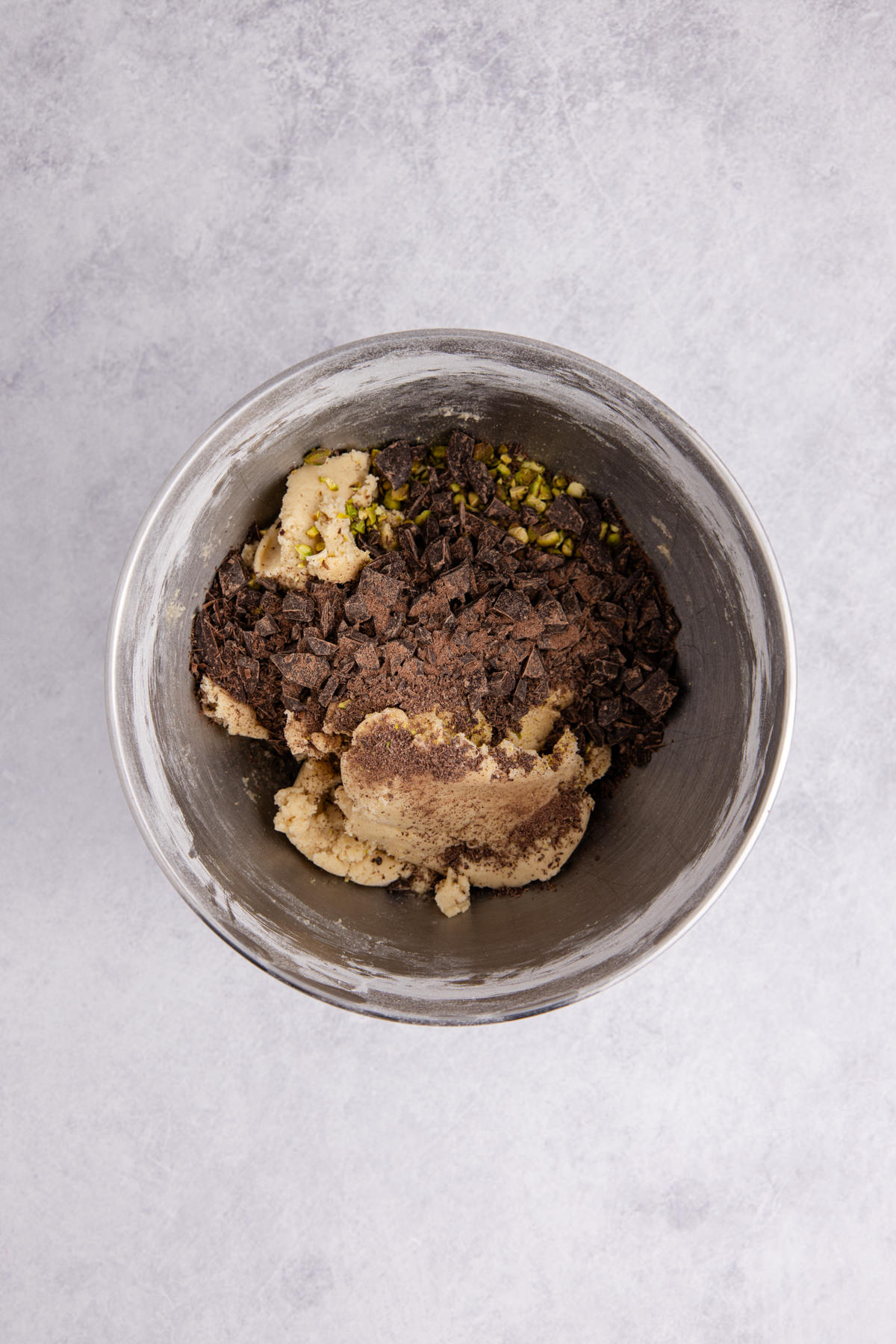 Pistachios and chocolate added to the mixture.