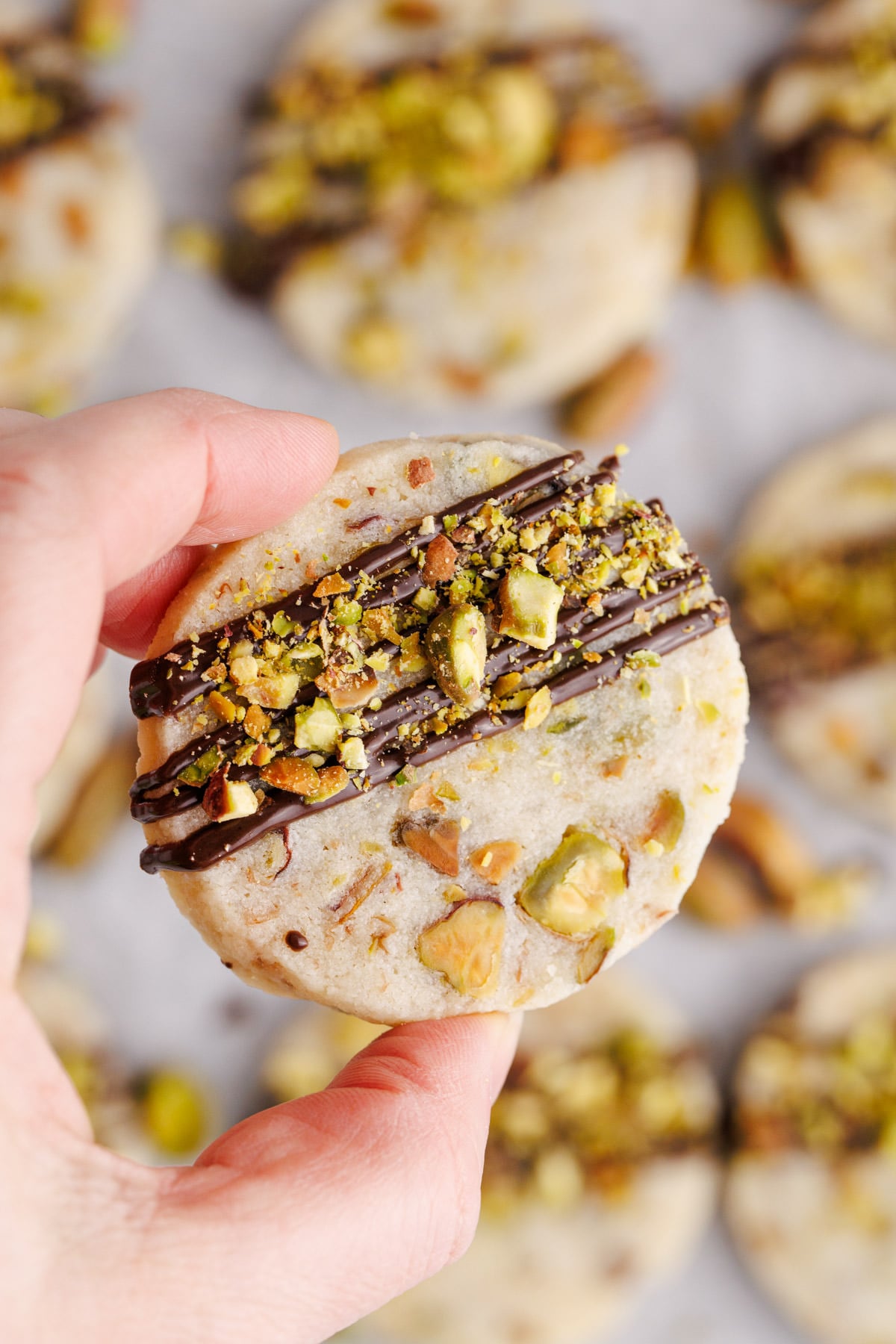  A shortbread cookie with chocolate and pistachio held in the air.