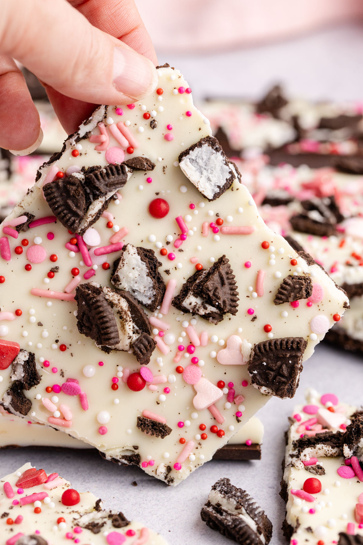 A piece of bark being held up in the air.