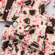 Oreo bark crumbled on a table.