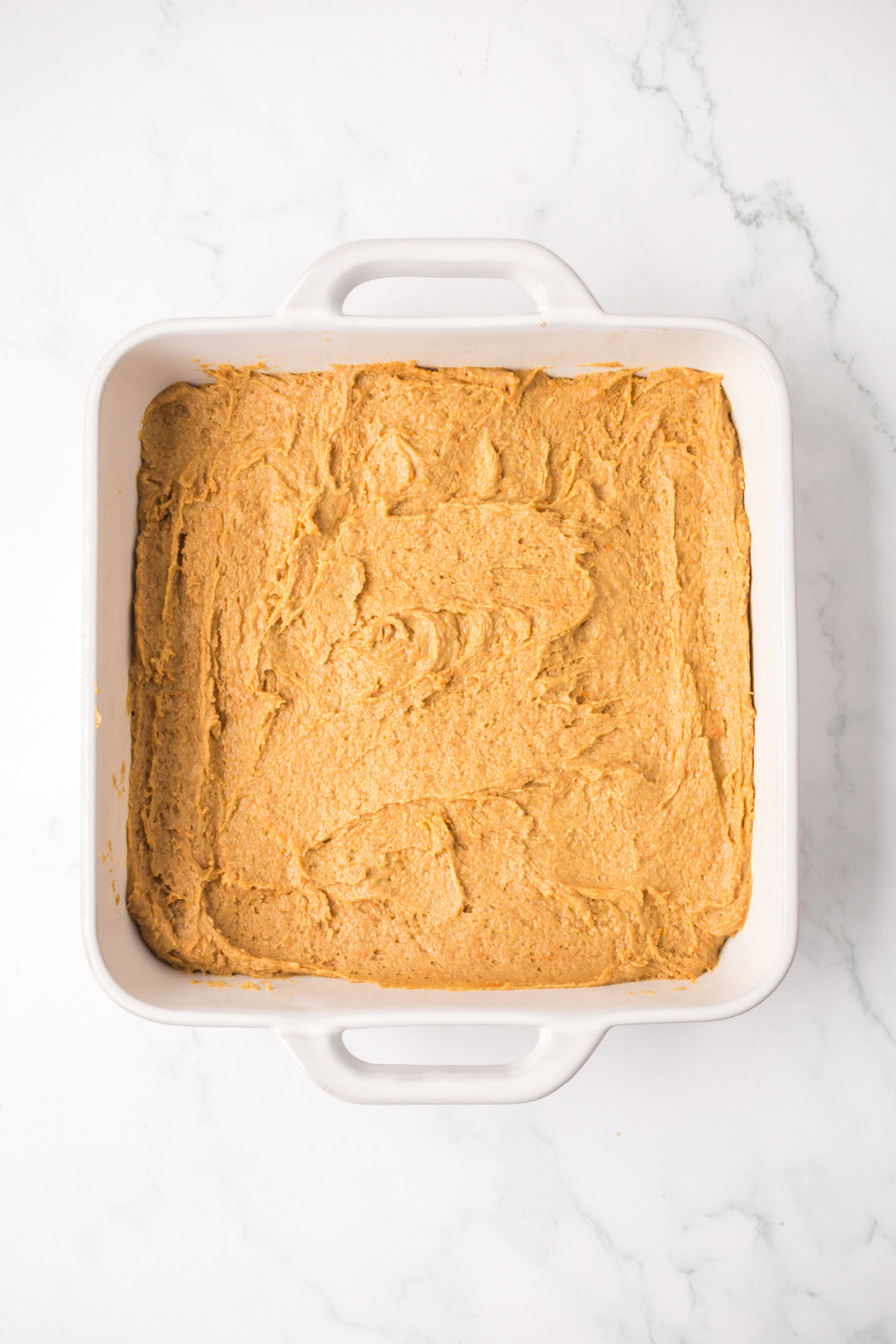 The wet and dry ingredients combined into a baking dish.