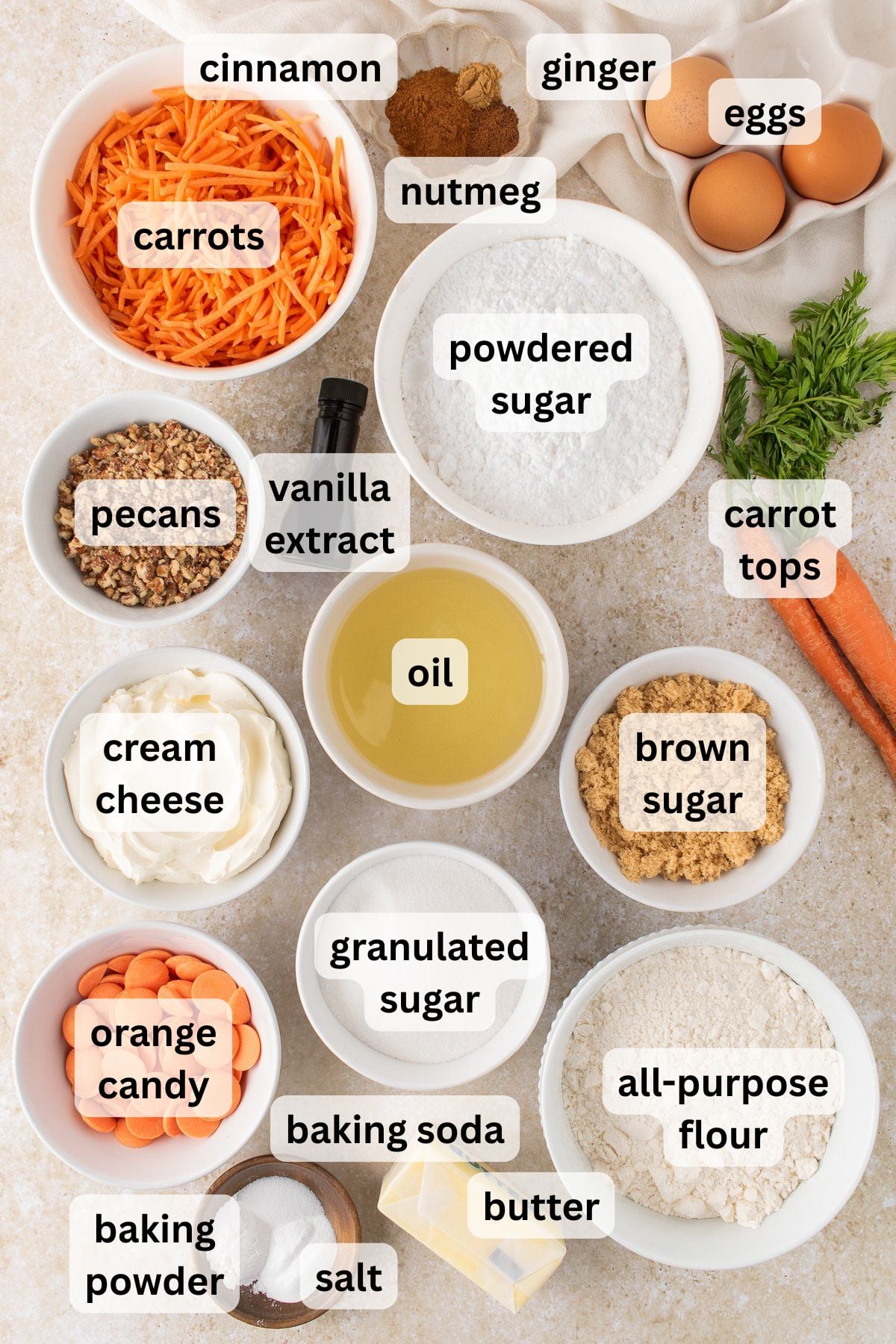 Ingredients to make this cake in bowls on a table.
