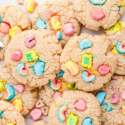 Lucky charms cookies stacked on top of one another.
