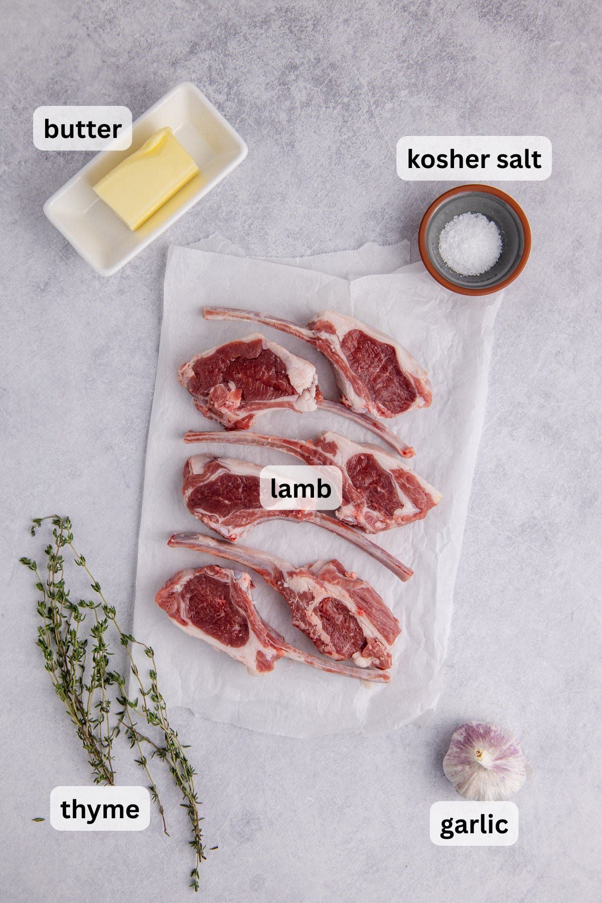 Ingredients to make these lamb chops on a table.