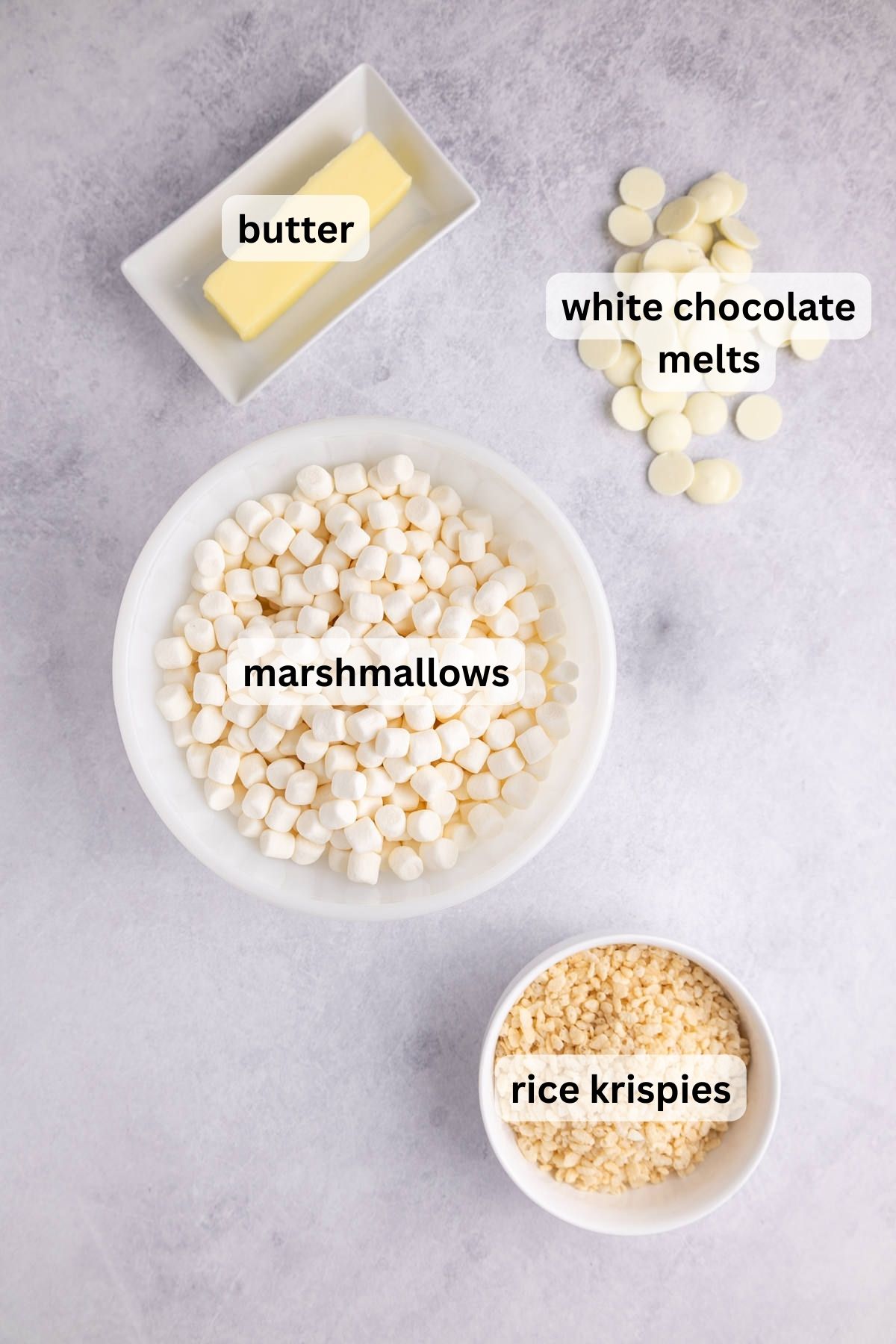 Ingredients for these rice krispie treats on a table.