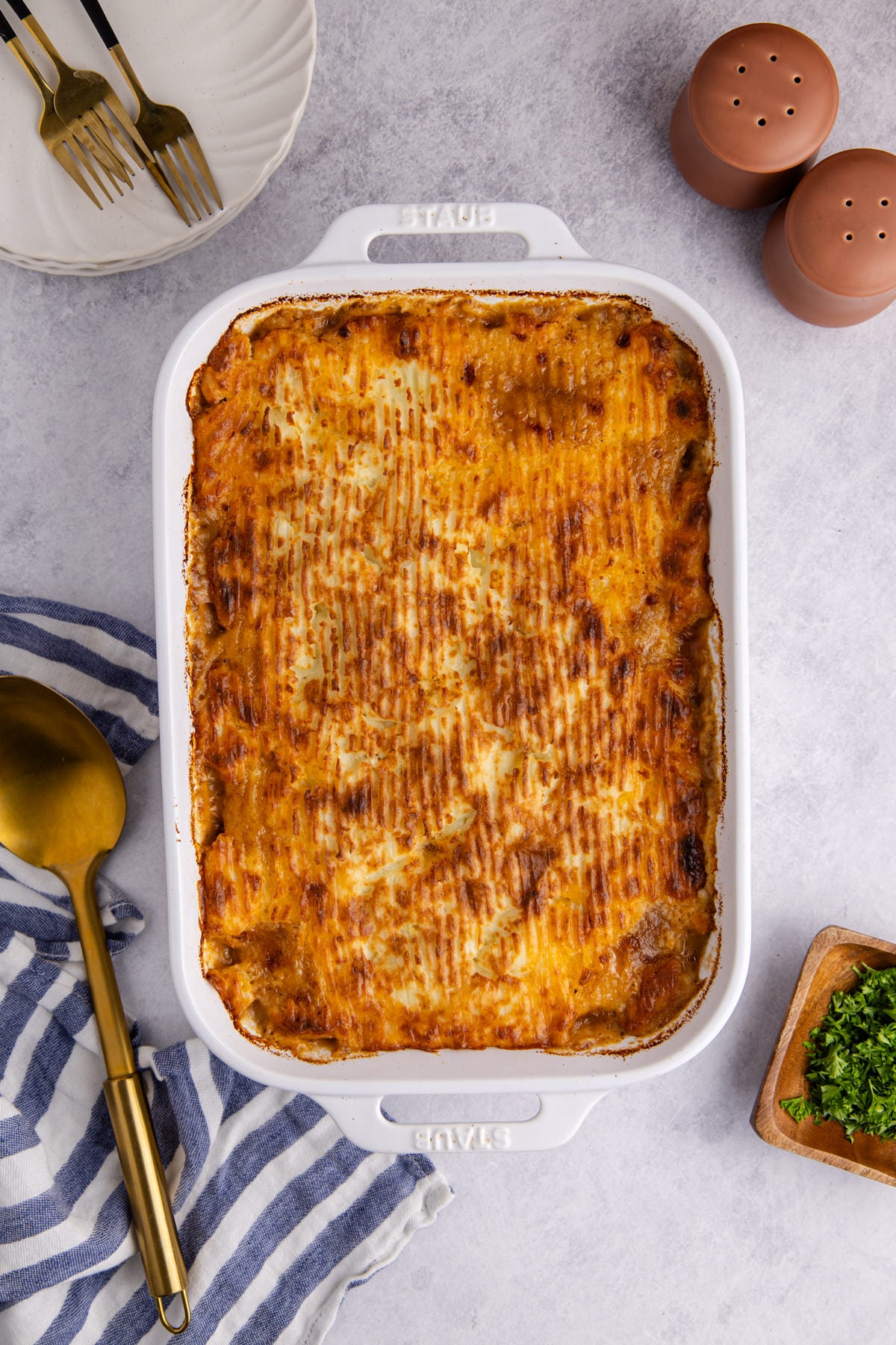 Cottage pie broiled for color.