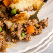 Irish cottage pie being picked up with a fork.