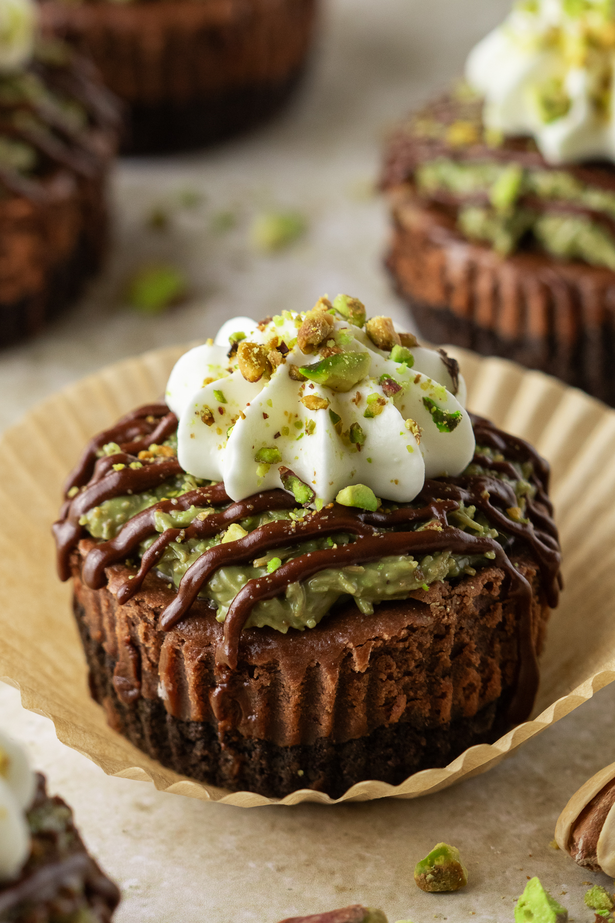 A Dubai chocolate cheesecake with pistachio cream.