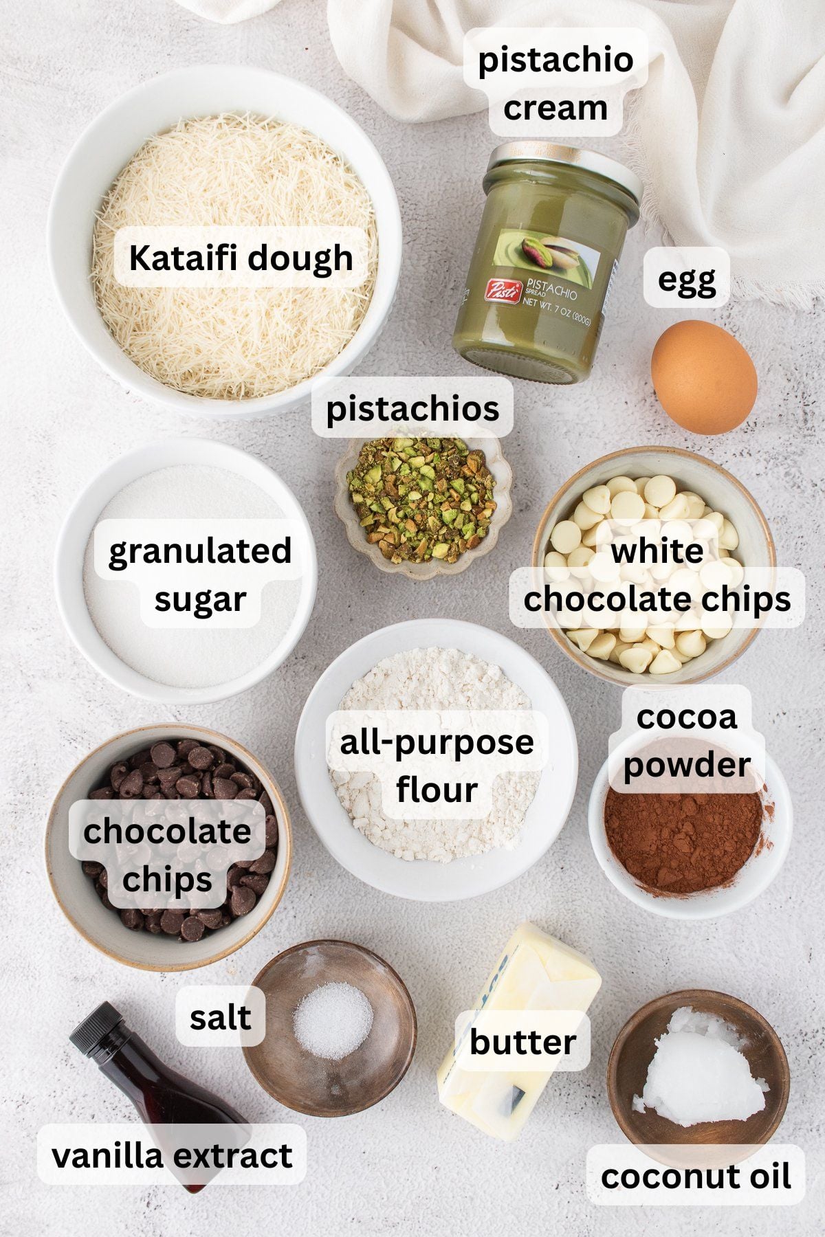 Ingredients to make Dubai brownies on a table.