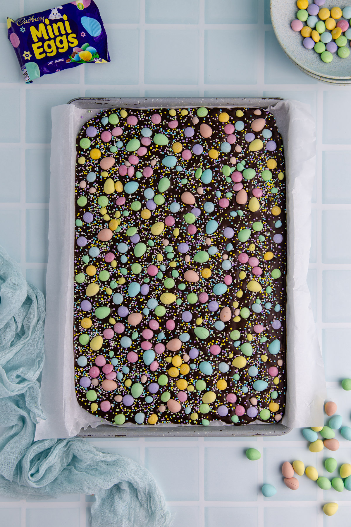 Easter candies and toppings put on top of the bark.