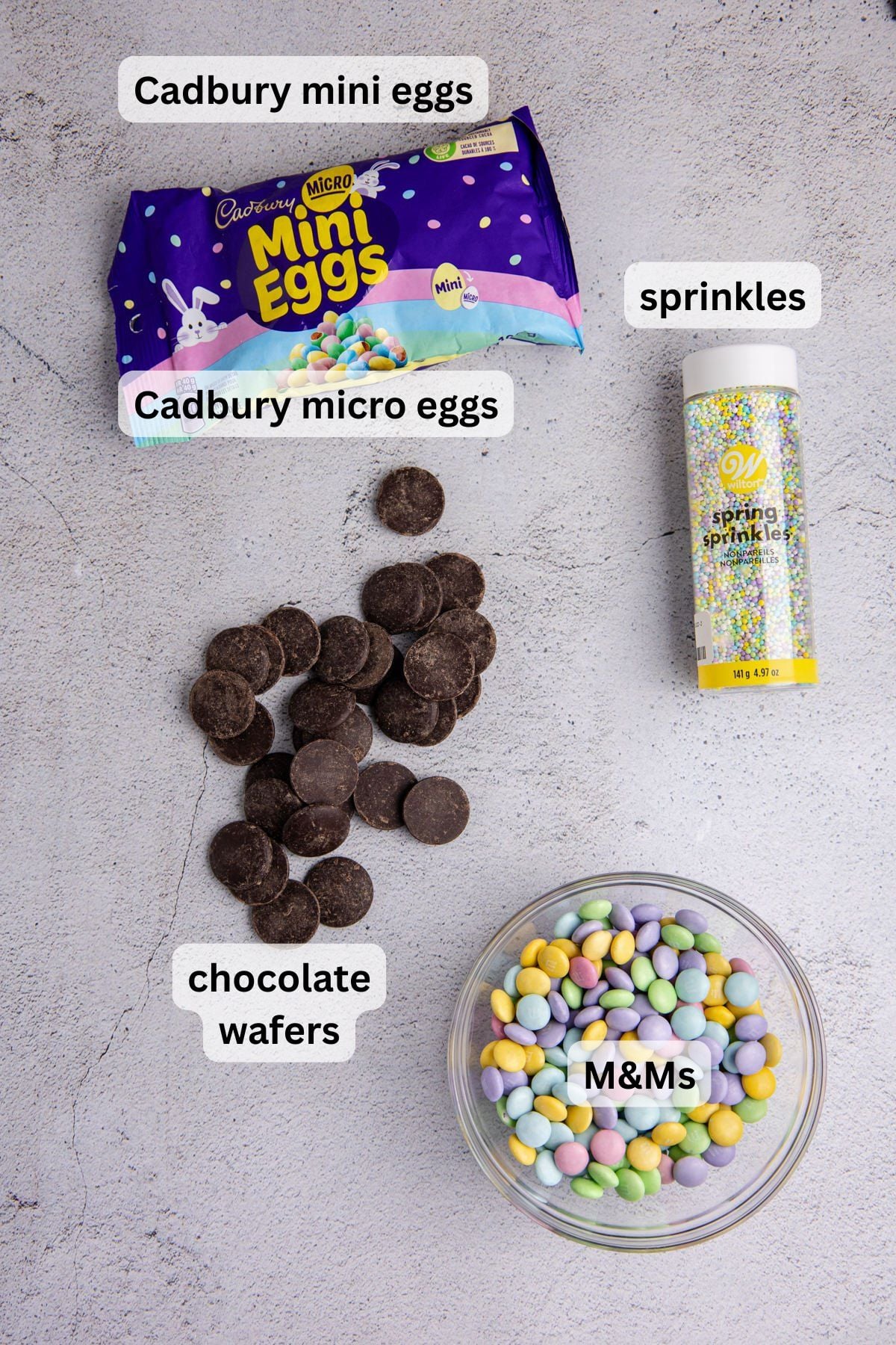Ingredients to make this Easter bark on a table.