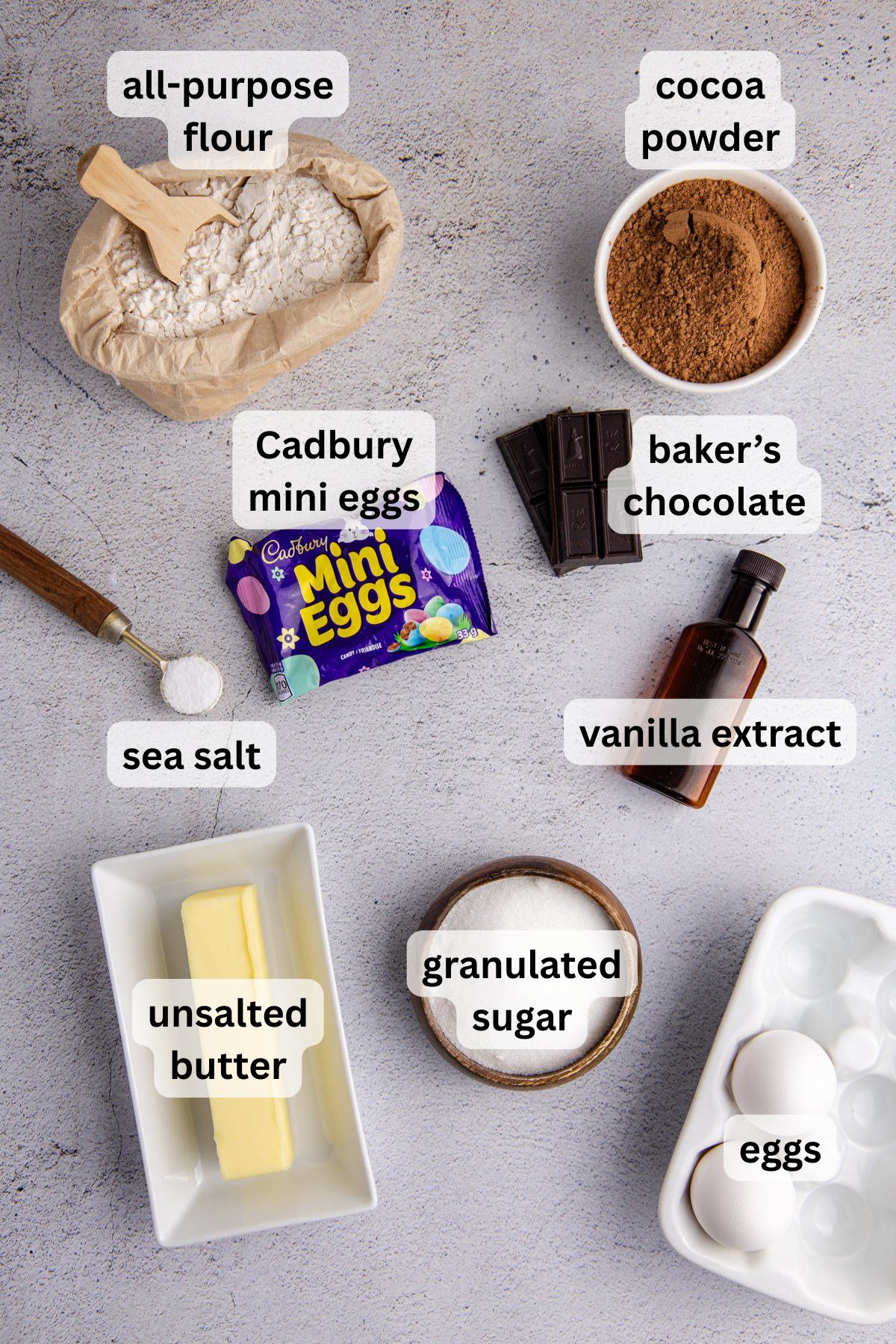 Ingredients to make these brownies on a table.