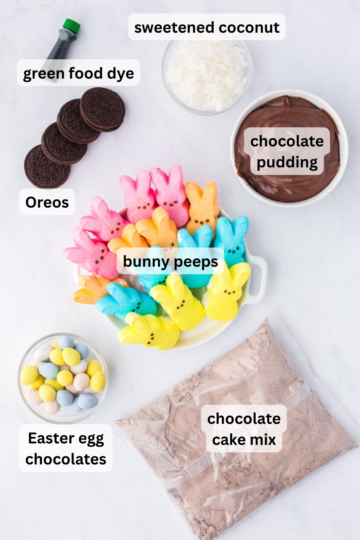 Ingredients to make this Easter dump cake on a table.