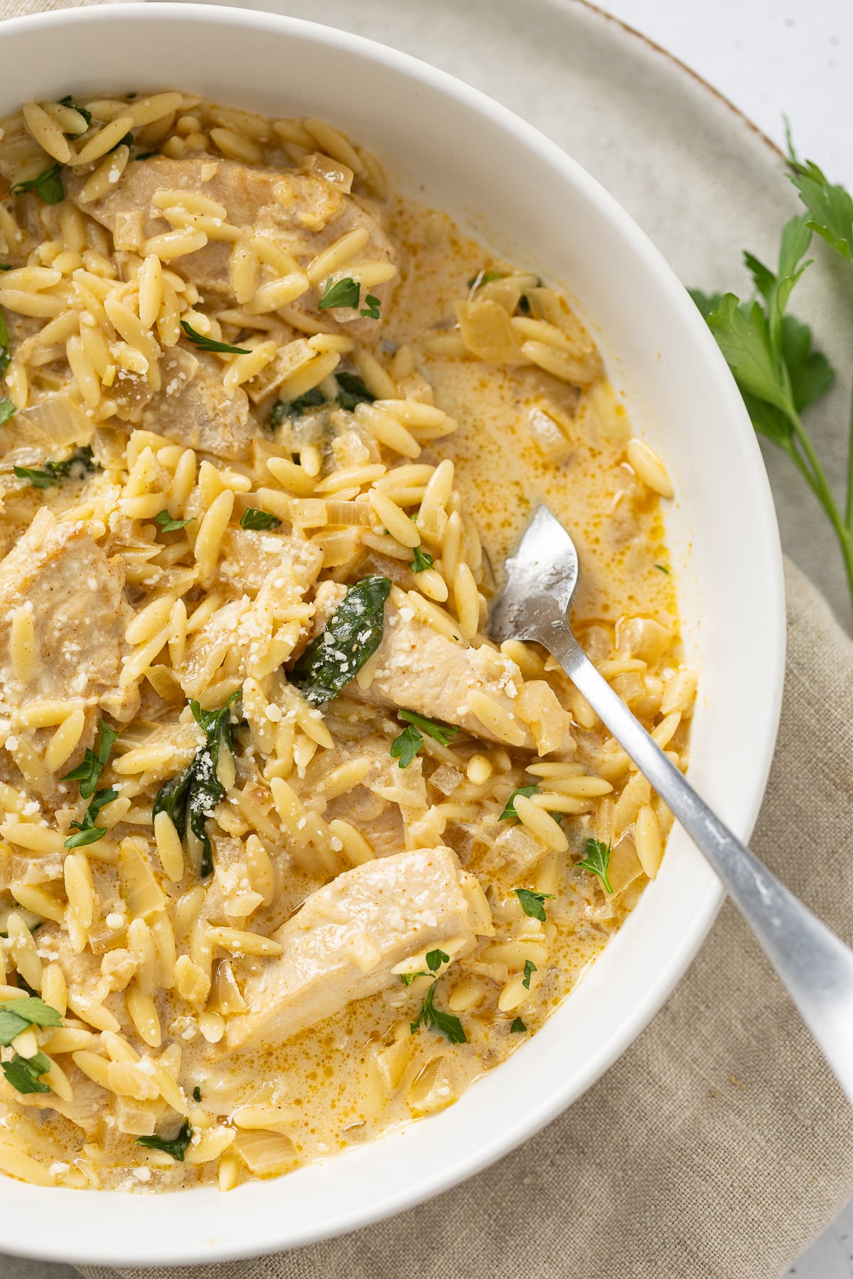 A bowl of chicken with orzo with a fork resting in the bowl. 